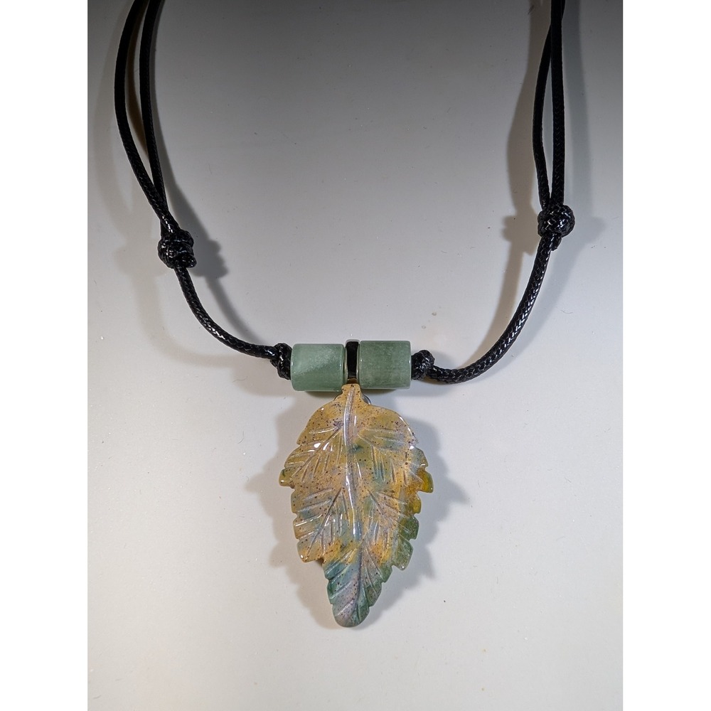 Amazonite Carved Leaf Pendant Necklace Adjustable Black Cord Boho Green Stone